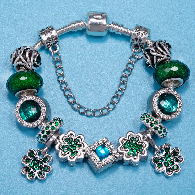 Green Crystal Lucky Grass Charm Beads Bracelet