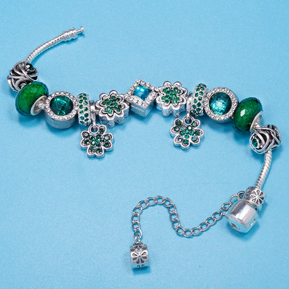 Green Crystal Lucky Grass Charm Beads Bracelet