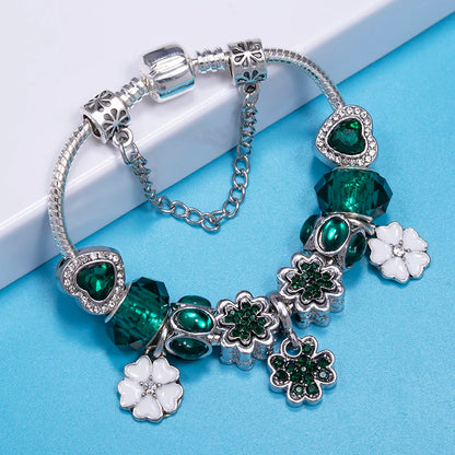 Green Crystal Lucky Grass Charm Beads Bracelet